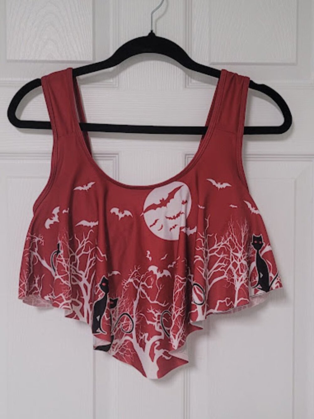 Halloween theme Crop Top–Bats & Cats -Womens size 8-10-Built‑In Bra-Rust/Sienna